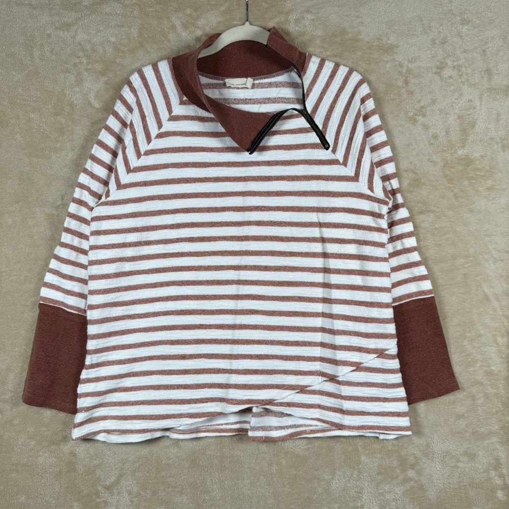 Mindy Mae's Market‎ Women's Striped Mock Neck Pullover Top Brown White Size L